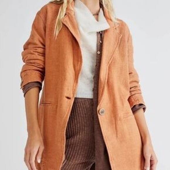 Free People NWOT We The Free Brown Button Linen Cotton Blend Heavy Blazer Jacket - Picture 2 of 9